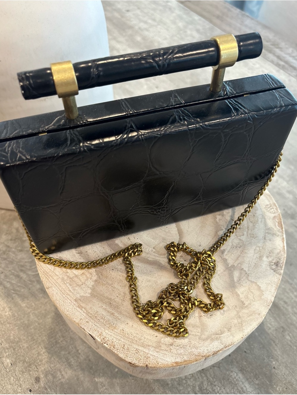 Zara Black Croc-Embossed Box Clutch with Gold Chain